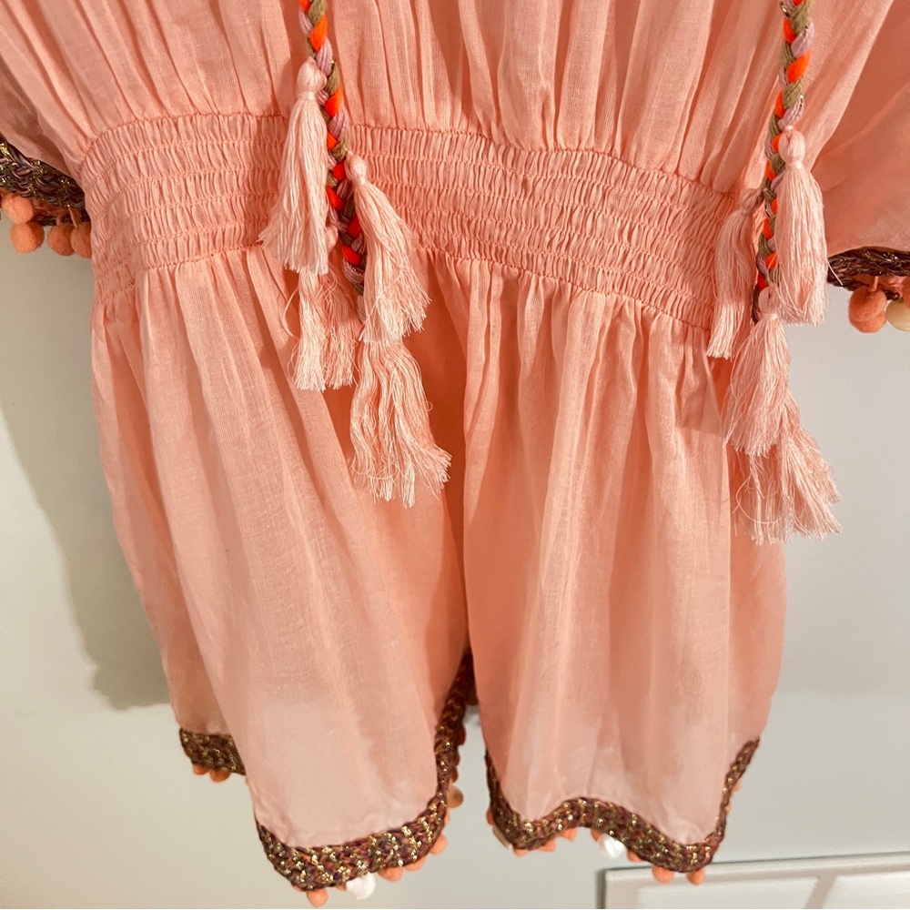 Shiraleah Pink Flutter Sleeve Pom Trim Swim Coverup One Size Boho Beach - Picture 12 of 16